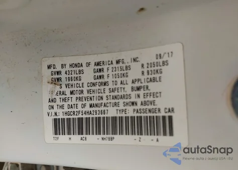 2017 Honda Accord Sport from USA, damaged, VIN 1HGCR2F54HA293667